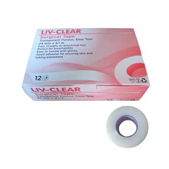 Liv-Clear Surgical Tape Transparent Porous Easy Tear 24mm x 9.1m 12 Box