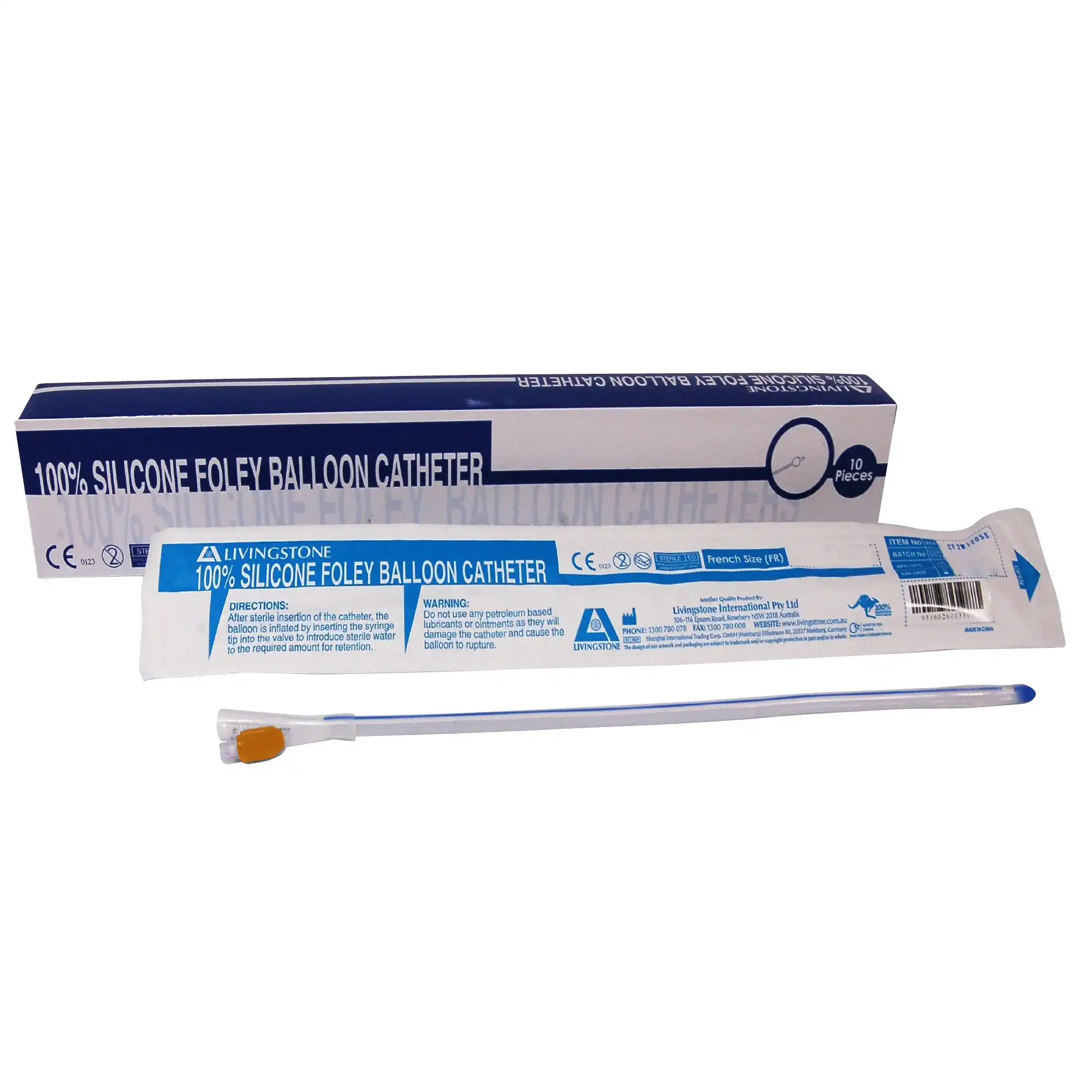Livingstone All Silicone Foley Balloon Catheter, 2-Way, 16FG, 40cm, Orange Colour, 5-15ml, Sterile, 10/Box x25