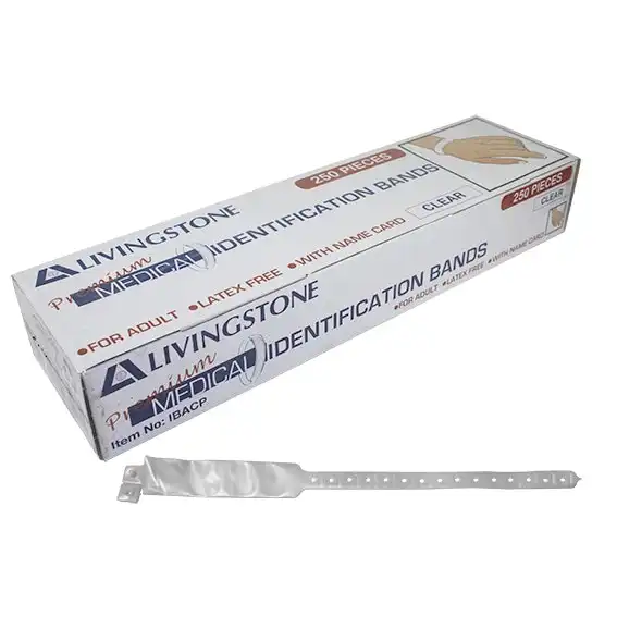 Livingstone Premium Personal Identification ID Bands, Adult, with Name Card, Latex Free, Clear, 250/Box x8