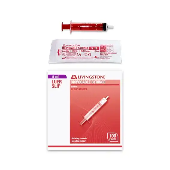 Livingstone Syringe 5ml Luer Slip Tip Red Plunger Hypoallergenic Sterile 100 Box