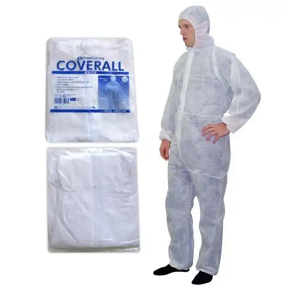 Livingstone Polypropylene Coveralls Protective Suit w/ Hood White Medium 50 Carton