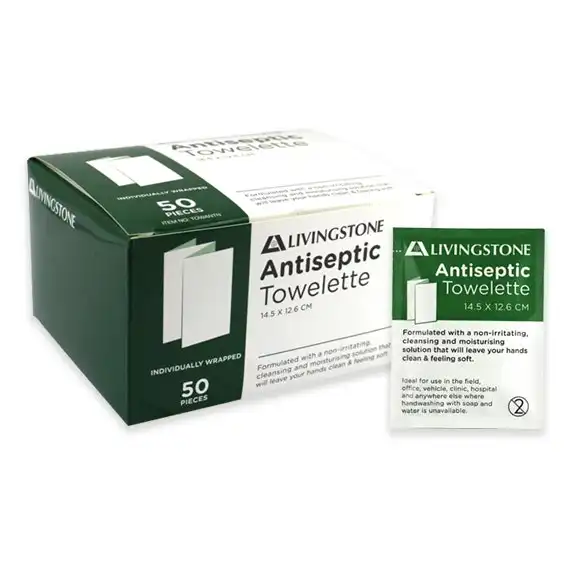 Livingstone Antiseptic Antibacterial Towelette Wipes 14.5 x 12.6cm 50 Box