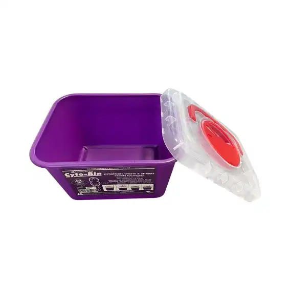 Livingstone Cytotoxic Purple Sharps Needles Waste Collector 4.75L Rotating Lid and Finger Guard Clear View Top Square Plastic
