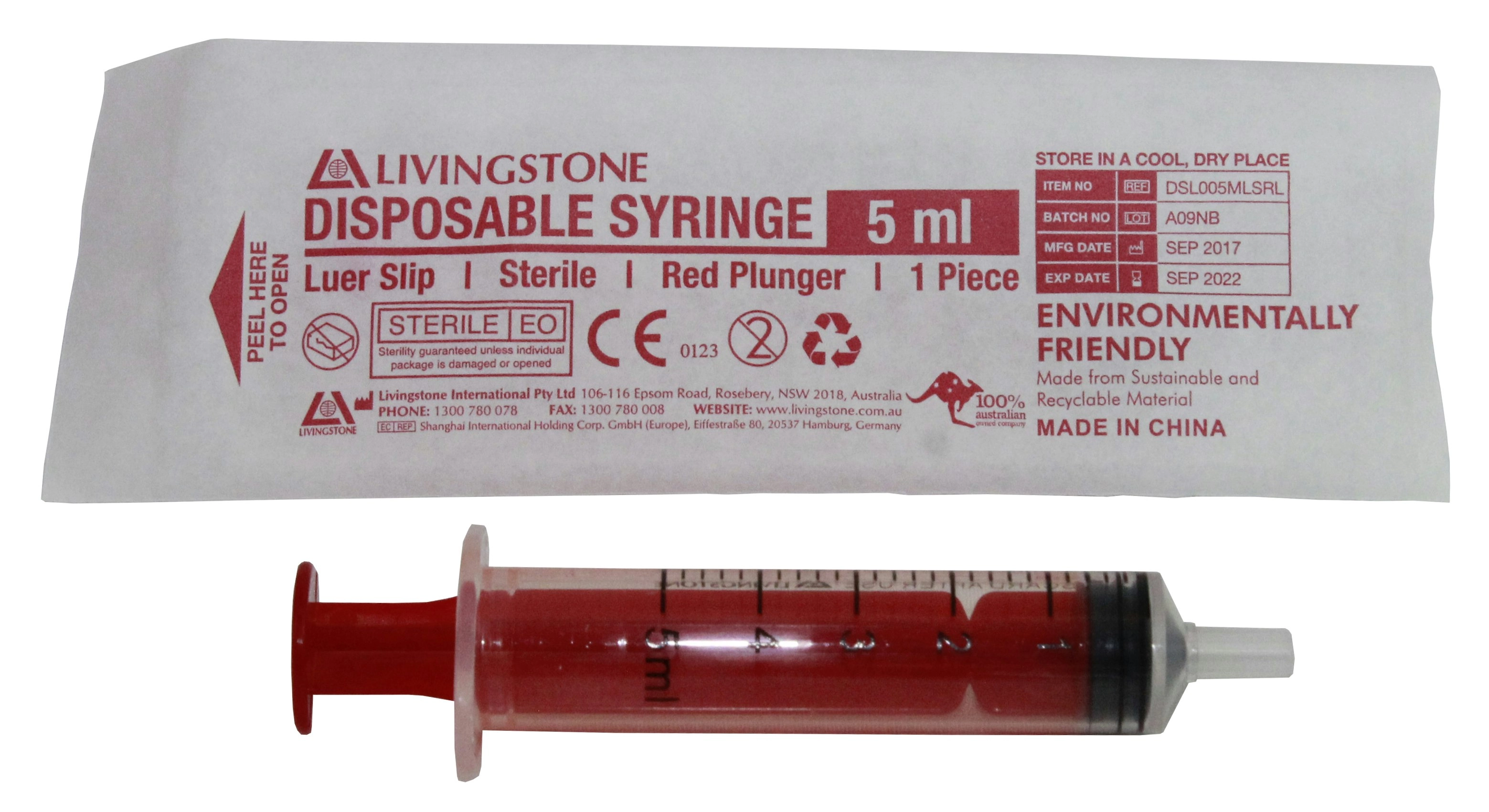 Livingstone Syringe, 5ml, Luer Slip Tip, Red Plunger, Latex Free, Hypoallergenic, Sterile, 100/Box x27