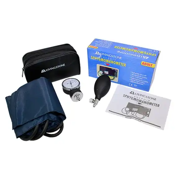 Livingstone Aneroid Blood Pressure Sphygmomanometer Complete with Adult Easy One Touch Hook Loop Fastener Cuff Latex Free