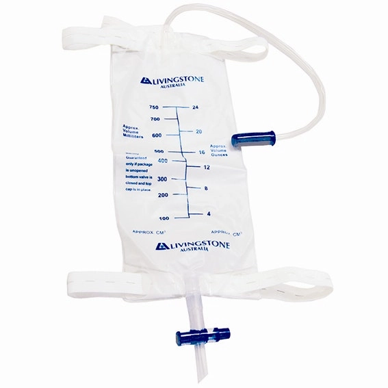 Livingstone Drainage Leg Urine Bag, 750ml Graduated, 40cm Inlet Tube, 56cm Elastic Strap Leg Tie, with Bottom Outlet, Sterile x60