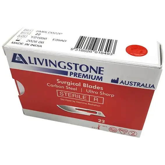Livingstone Premium Surgical Scalpel Blade Carbon Steel Size 22 Sterile 100 Box