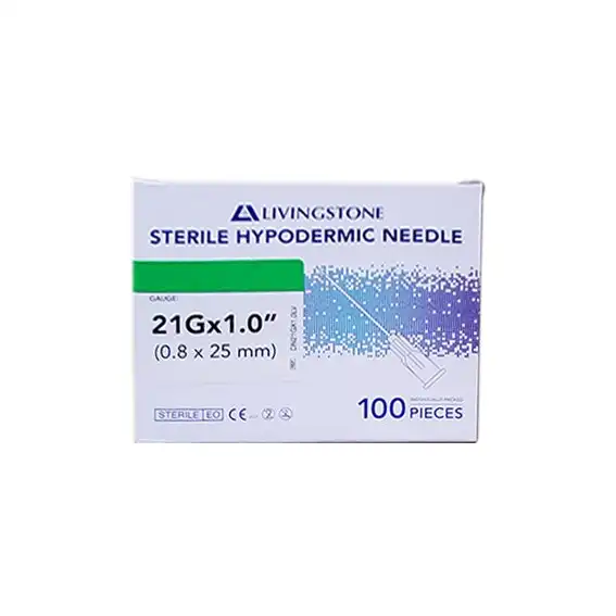 Livingstone Hypodermic Needle 21 Gauge x 1 Inch 25mm, Sterile, 100 per Box