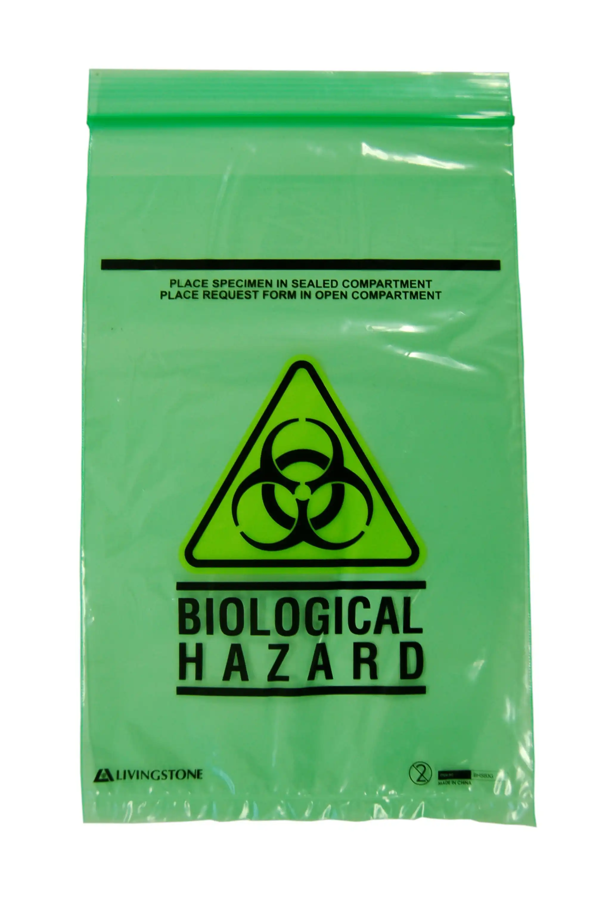 Livingstone Biohazard Specimen Bag, 16x24.5cm, 3-Ply, 2 Compt, Zip Compt, 2-Ply, 45um, Pouch Compt, 1-Ply, 32um, Green Tint, 2000/Ctn x3