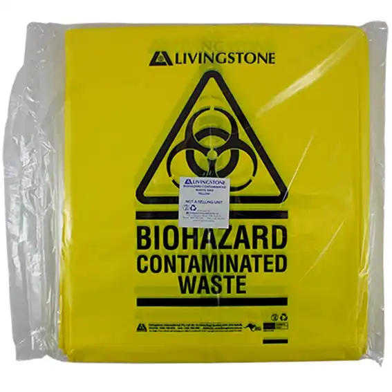 Livingstone Biohazard Waste Bag, 55x70cm, 33 Litres, 50 Microns, Recyclable LDPE, Yellow, 25/Pack, 250/Carton x5