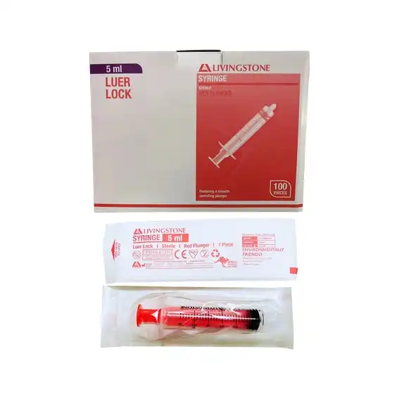 Livingstone Syringe, 5ml, Luer Lock Tip, Red Plunger, Latex Free, Hypoallergenic, Sterile, 100/Box IN STOCK NOW