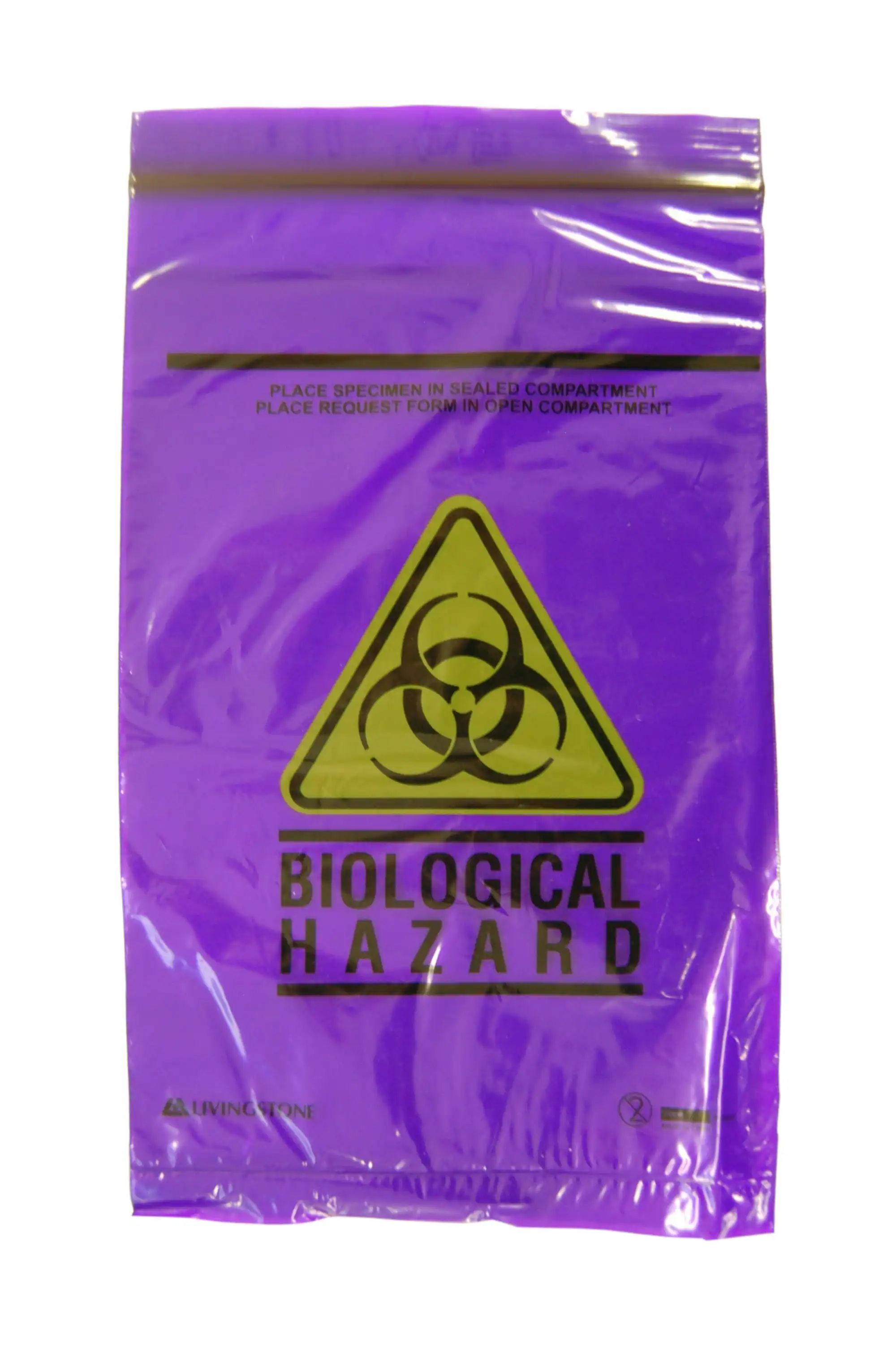 Livingstone Biohazard Specimen Bag, 16x24.5cm, 3-Ply, 2 Compt, Zip Compt, 2-Ply, 45um, Pouch Compt, 1-Ply, 32um, Purple Tint, 2000/Ctn x3
