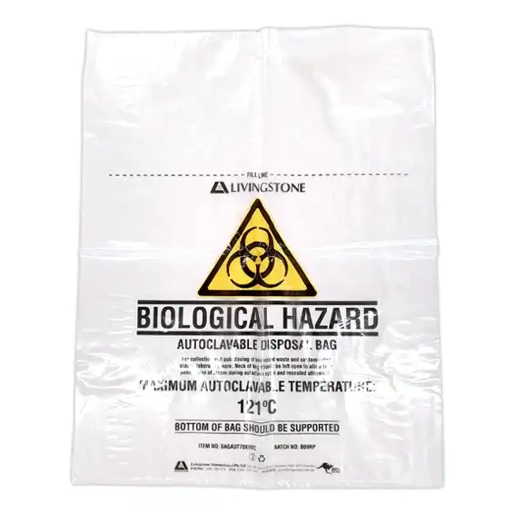 Livingstone Biohazard Autoclavable Waste Bag, 72 x 91cm, 70 Litres, 50 Microns, Heat Resistant Polypropylene, Clear, 250/Carton x2