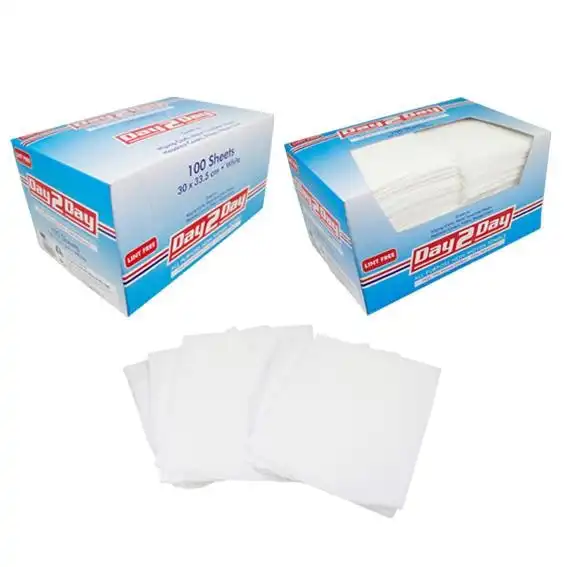 Day 2 Day All Purpose Towel, Lint Free, Small, 30 x 34cm, 70pct Viscose, White, HACCP Certified, 100/Box, 1200 Sheets/Carton