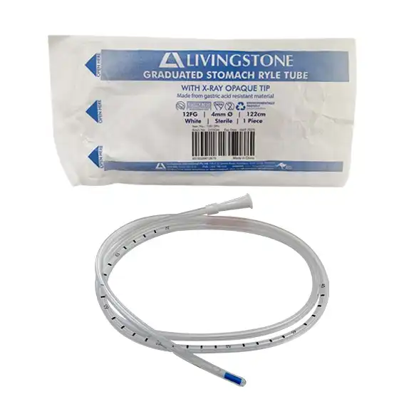 Livingstone Graduated Stomach Duodenal Ryles Tube with X-Ray Opaque Tip 12FG 4mm 122cm Sterile White