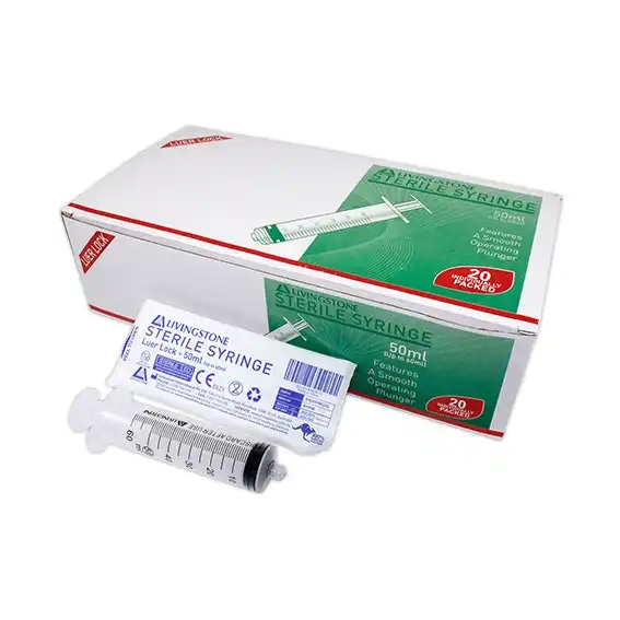 Livingstone Syringe, 50ml, Luer Lock Tip, Latex Free, Hypoallergenic, Sterile, 20/Box x18