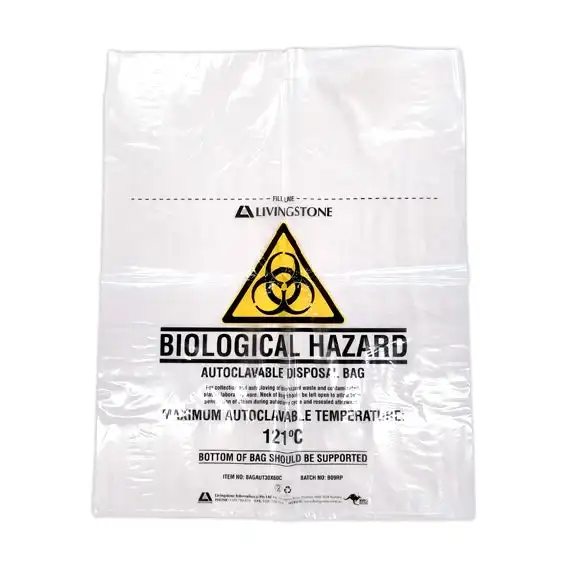 Livingstone Biohazard Autoclavable Waste Bag, 27 x 63cm, 20 Litres, 50 Microns, Heat Resistant Polypropylene, Clear, 500/Carton x3