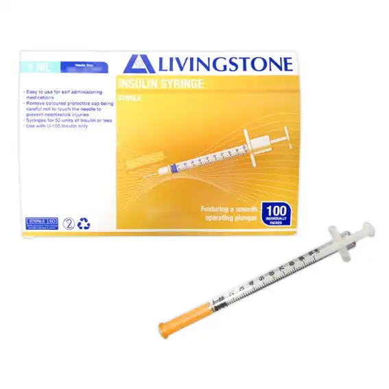 Livingstone Insulin Syringes 1ml with White Plunger with Needle 27 Gauge x 0.5 Inch 12.7mm Sterile 100 Box