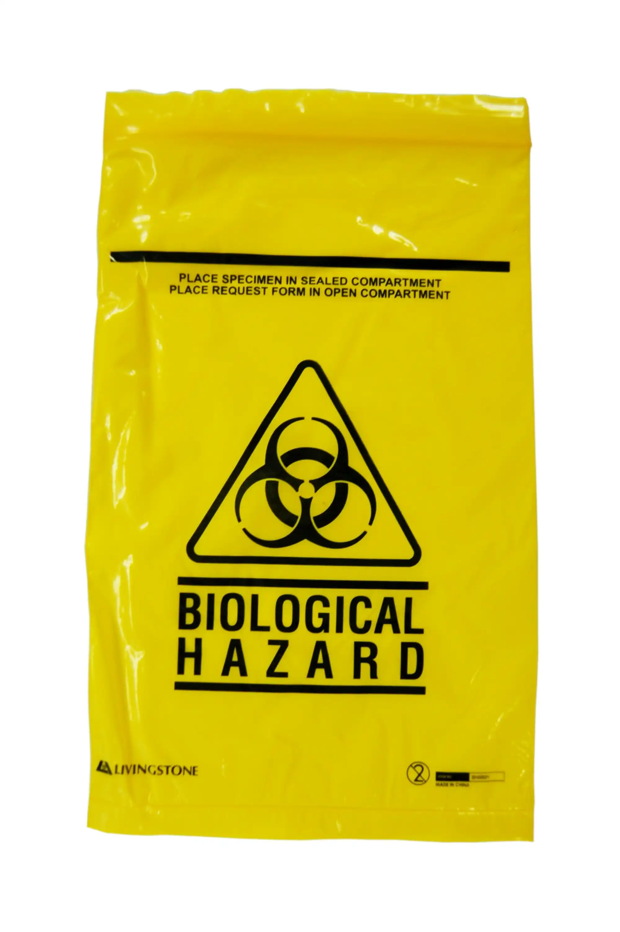 Livingstone Biohazard Specimen Bag, 16 x 24.5cm, 3-Ply, 2 Compt, Zip Compt, 2-Ply, 45um, Pouch Compt, 1-Ply, 32um, Yellow Tint, 2000/Ctn x3