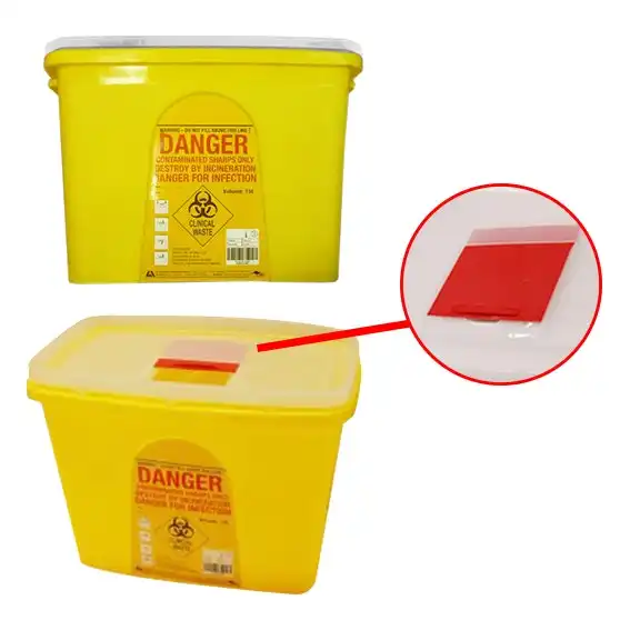 Liv Needles Sharps Waste Collector, 15 Litres, Sliding Lid and Finger Guard, Translucent Cover, Square, Recyclable Plastic, Yellow, Each x19