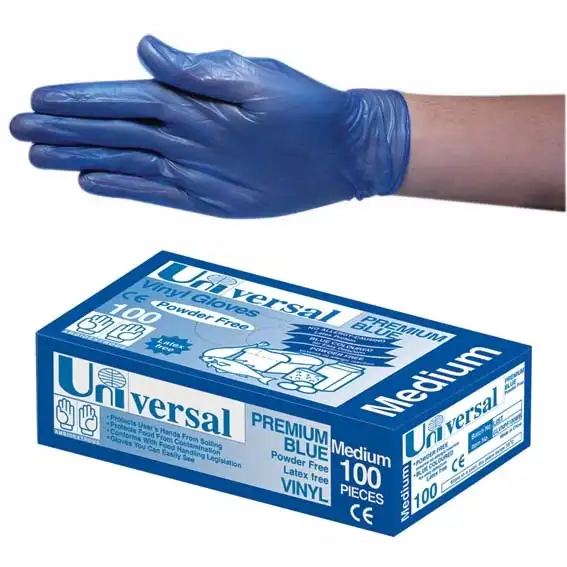 Universal Vinyl Powder Free Gloves 5.0g Medium Blue HACCP Grade 100 Box