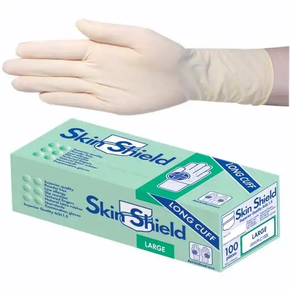 Skin Shield Latex Powder Free Gloves Large Cream AS/NZ Standard Long Cuff 30cm 100 Box