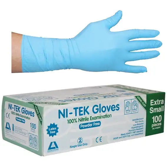 Ni-Tek Nitrile Powder Free Gloves Extra Small Blue Long Cuff 300mm AS/NZ HACCP Grade 100 Box