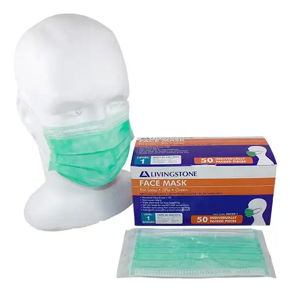 Livingstone Face Mask, TGA 350632, Level 2 Tested, 3-Ply, EN14683 Type IIR, ASTM F2100-19, Earloop, Single Pack, 1 Piece/Pack, 50 Packs/Box x5