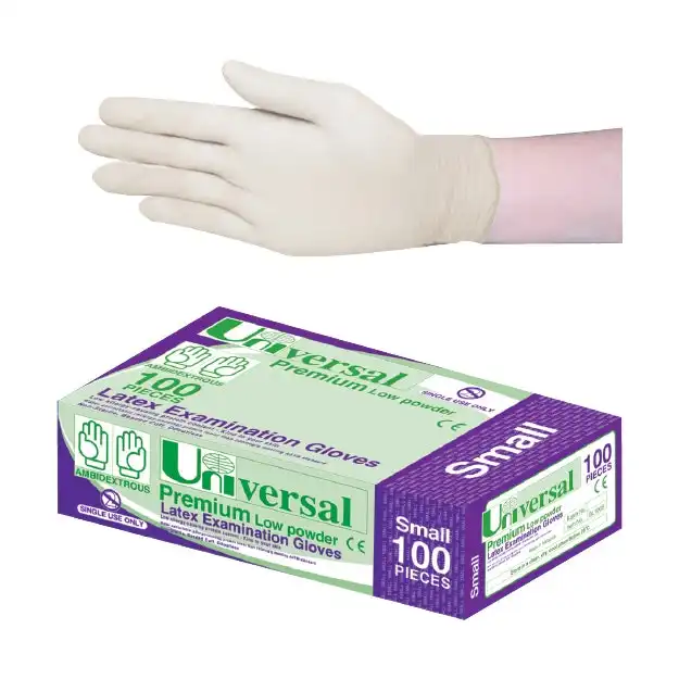 Universal Biodegradable Latex Examination Gloves, AS/NZ Standard, Low Powder, Small, Cream Colour, 100/Box