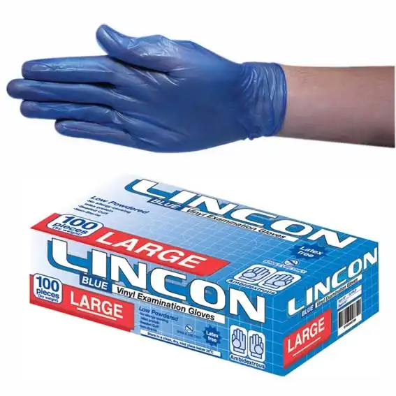 Lincon Vinyl Low Powder Gloves 5.5g Large Blue HACCP Grade 100 Box