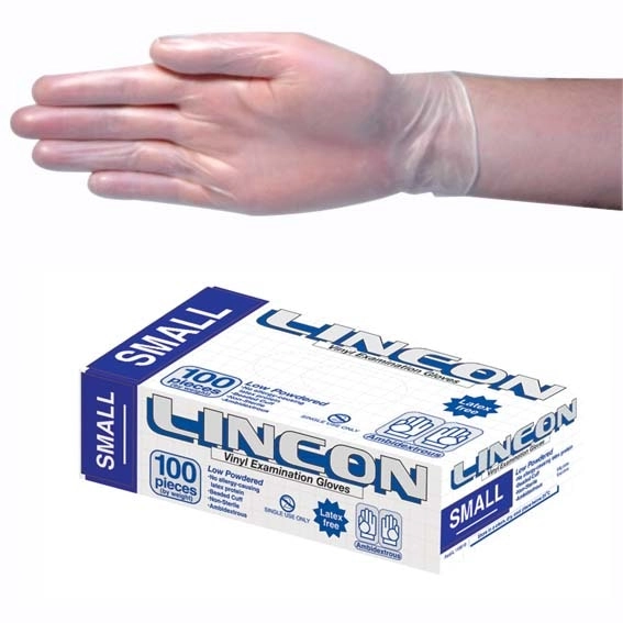 Lincon Vinyl Low Powder Gloves 4.5g Small Clear HACCP Grade 100 Box