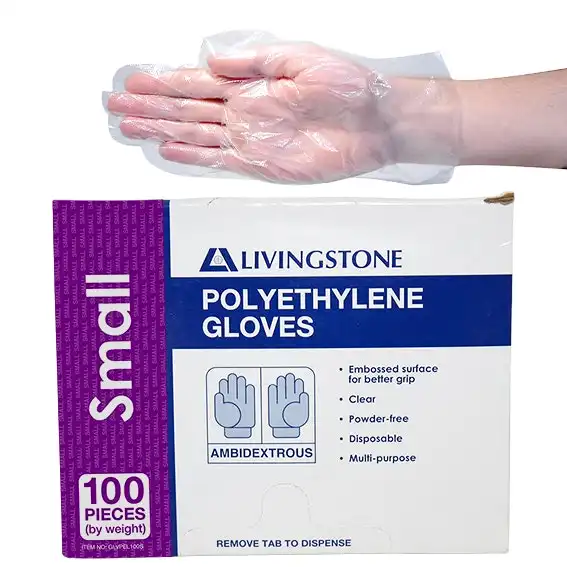 Livingstone Disposable Polyethylene Gloves Small Embossed Ambidextrous Clear 100 Pack
