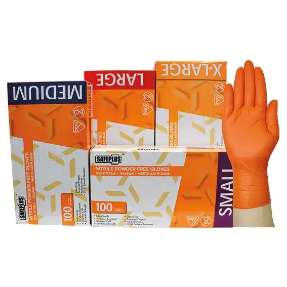 Safeplus Powder Free Nitrile Gloves Large Orange 245mm Cuff 100 Box
