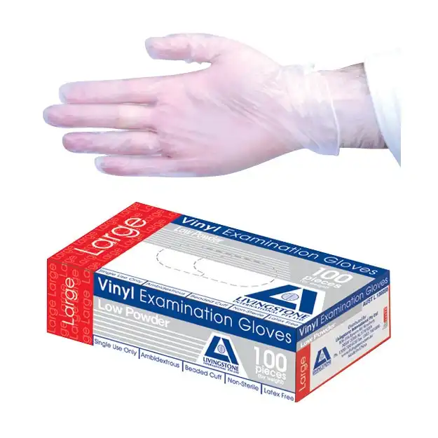 Livingstone Vinyl Examination Gloves, Recyclable, 6.5g, Low Powder, Large, Clear, HACCP Grade, 100/Box