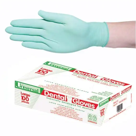 Universal Dental Gloves, Green, Large, 100/Box Low Low Powder TEXTURED