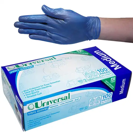 Universal Vinyl Low Powder Gloves 5.0g Medium Blue HACCP Grade 100 Box