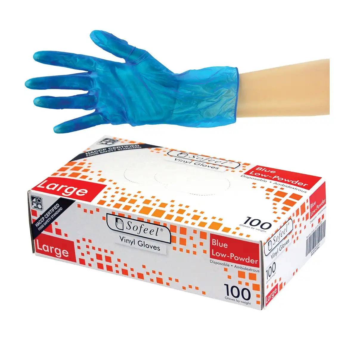Sofeel Vinyl Low Powder Gloves 5.0g Large Blue HACCP Grade 100 Box