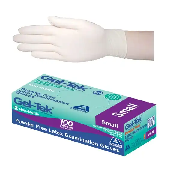 Geltek Latex Examination Gloves, Powder Free, AS/NZ, Biodegradable, Polymer Coated, Textured, Non-Sterile, Small, Cream, 100/Box
