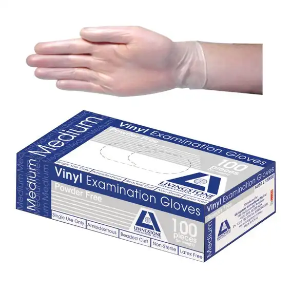 Livingstone Vinyl Powder Free Gloves 6.0g Medium Clear 100 Box