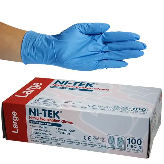 Ni-Tek Nitrile Powder Free Gloves Large Blue AS/NZ Standard, Powder Free HACCP Grade 100 Box