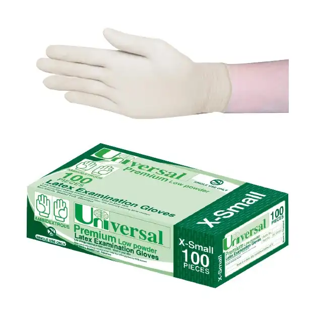 Universal Latex Low Powder Extra Small Cream Gloves AS/NZ Standard 100 Box x10
