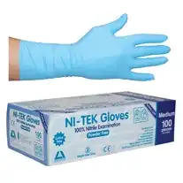 Ni-Tek Nitrile Powder Free Gloves Mediume Blue Long Cuff 300mm AS/NZ HACCP Grade 100 Box x10