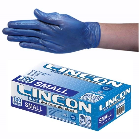 Lincon Vinyl Low Powder Gloves 4.5g Small Blue HACCP Grade 100 Box x10