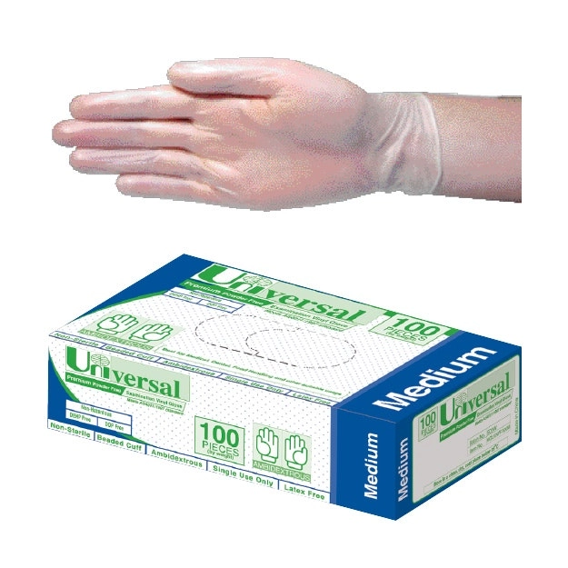 Universal Vinyl Powder Free Gloves 6.0g Medium Clear 100 Box