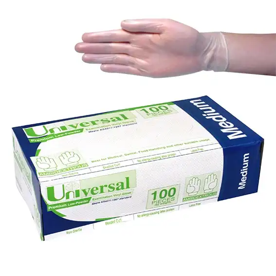 Universal Vinyl Examination Gloves, Recyclable, 6.0g, Low Powder, Medium, Clear, HACCP Grade, 100/Box, 1,000/Carton