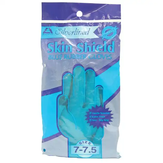 Skin Shield Silver Lined Natural Rubber Gloves Biodegradable Size 7.5 Blue Vanilla Scent 1 Pair