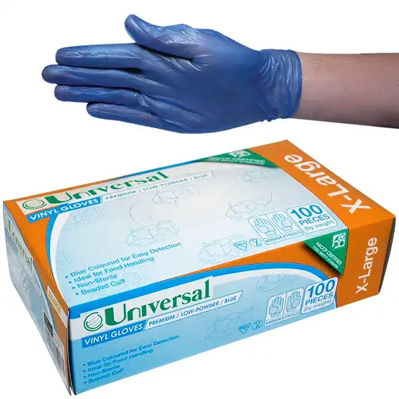 Universal Vinyl Low Powder Gloves 6.0g Extra Large Blue HACCP Grade 100 Box