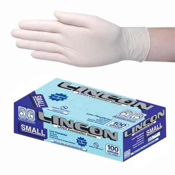 Lincon Biodegradable Latex Examination Gloves, AS NZ Standard, Low Powder, Small, Cream Colour, HACCP Grade, 100/Box