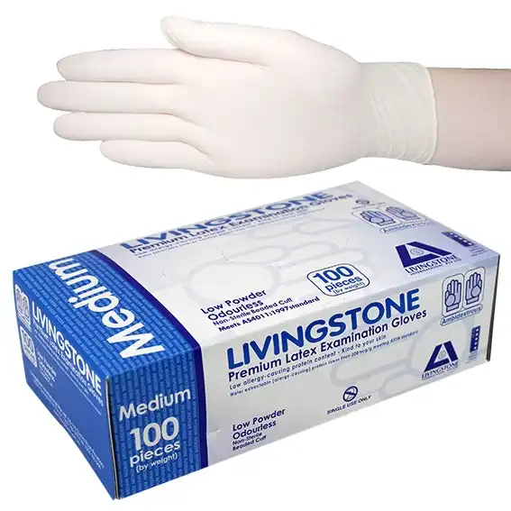 Livingstone Latex Low Powder Gloves Medium Cream AS/NZ Standard 100 Box