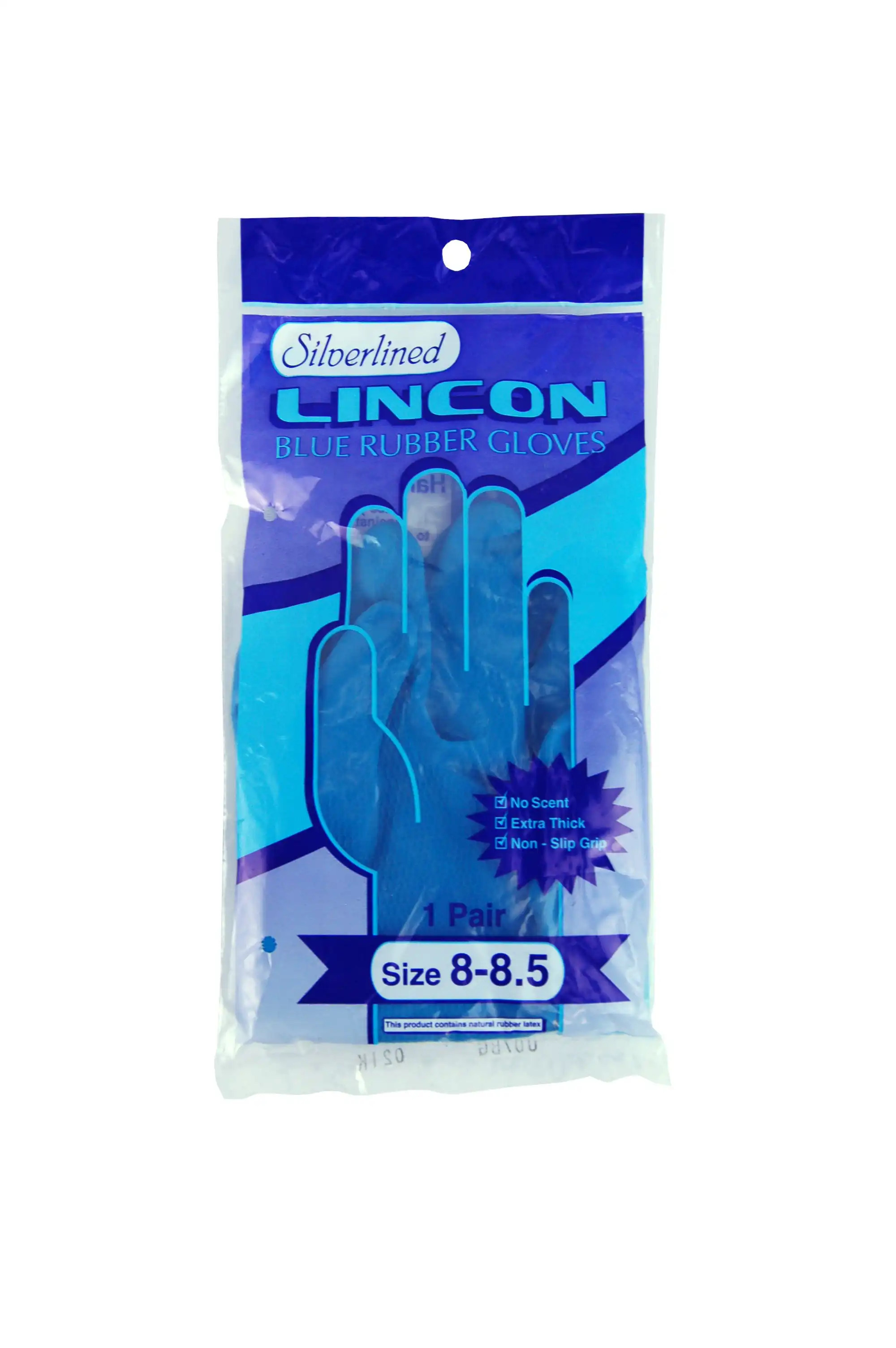 Lincon Silverlined Natural Rubber Gloves with Silver Lining Biodegradable Size 8-8.5 Blue Unscented Pair
